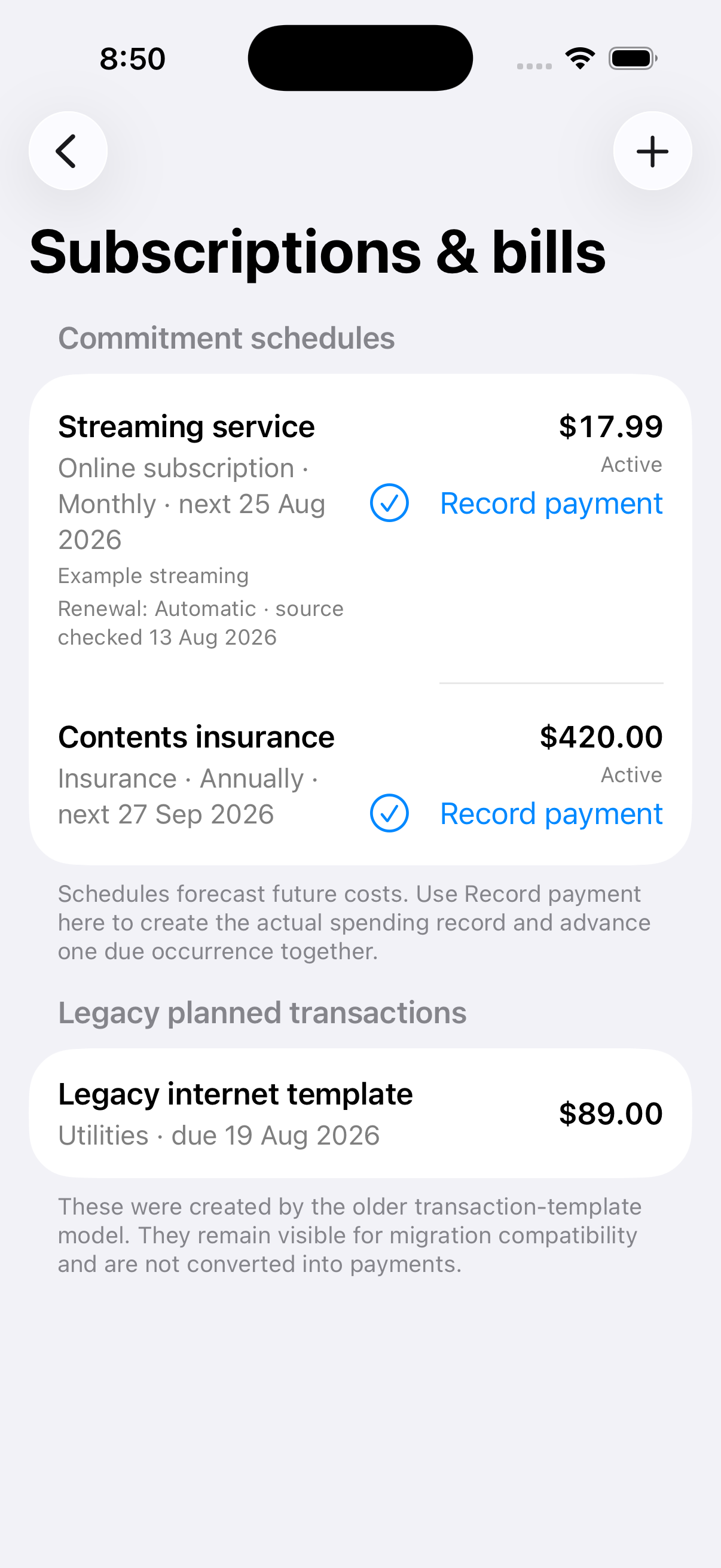 The real My Budget Canvas Subscriptions and bills screen in the iOS Simulator, using temporary demo data.